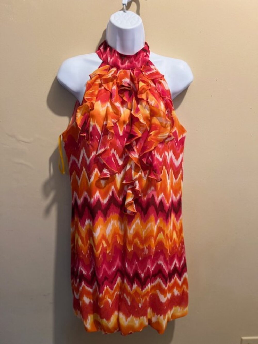 Womens Dress, ruffled bodice, org/red/yel zig-zag print